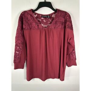 Susan Graver Top Womens XS Petite Burgundy Embroidered Mesh Yoke Tunic 3/4